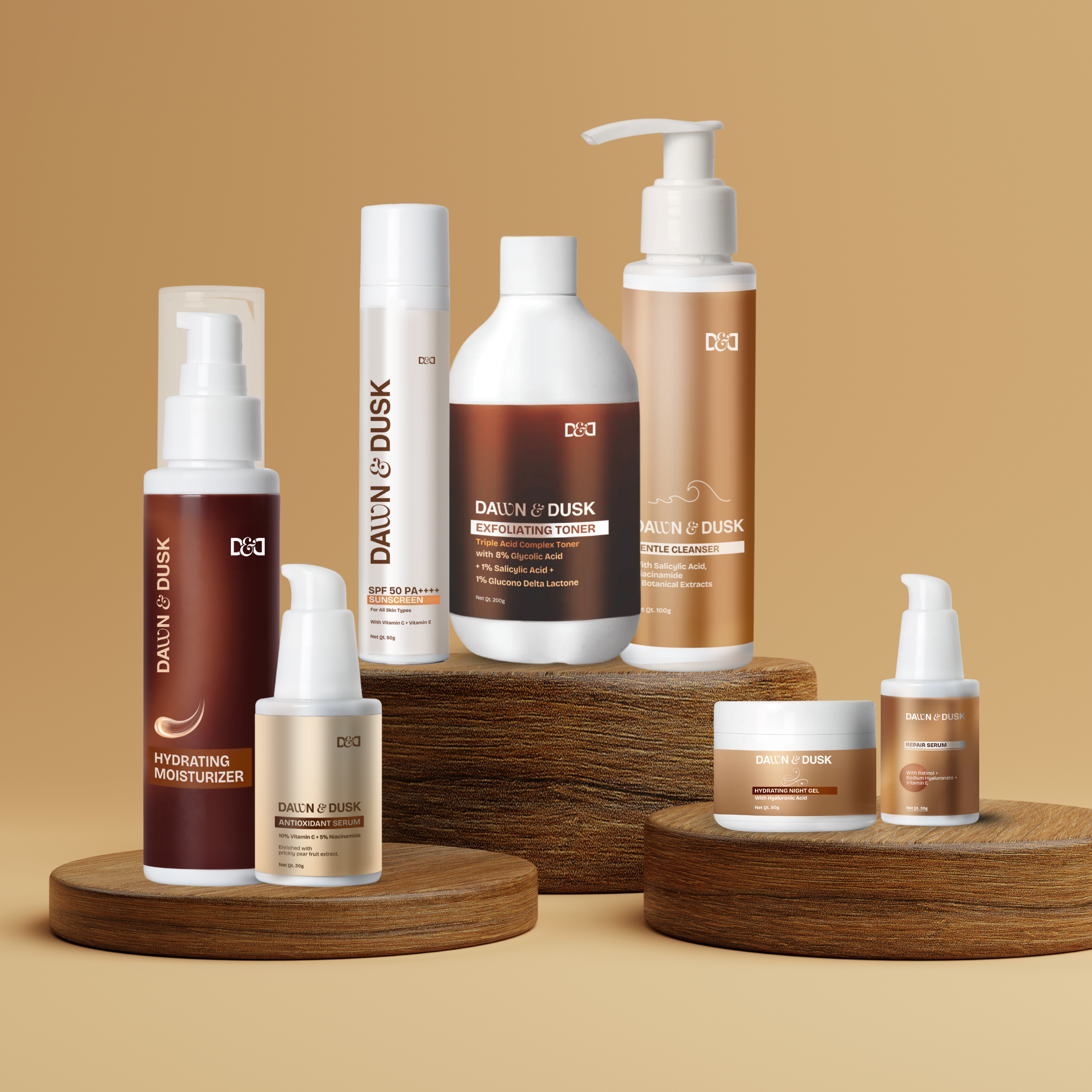 Collection of Dalin & Dusk skincare products on wooden stands against a beige background